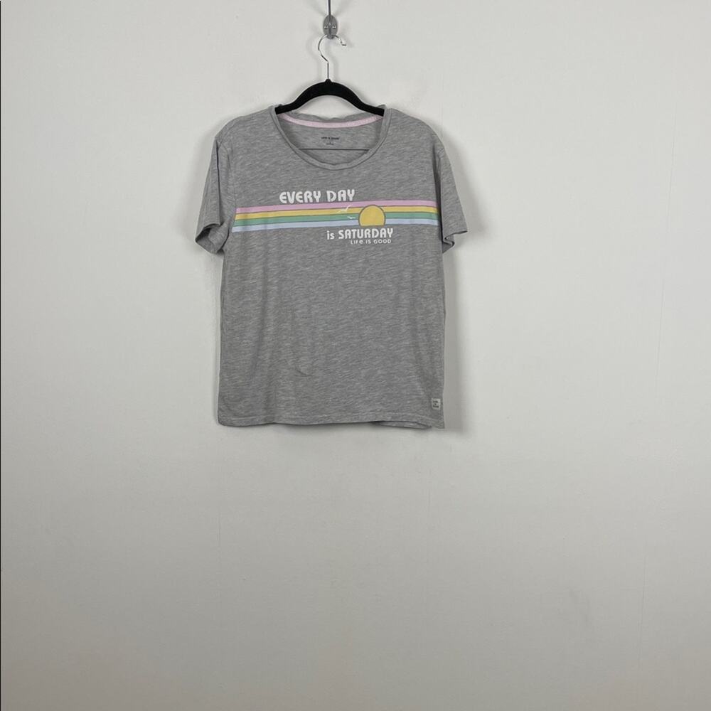 Life Is Good Everyday Is Saturday Gray Graphic 2 PC Pajama Set Rainbow Stripes